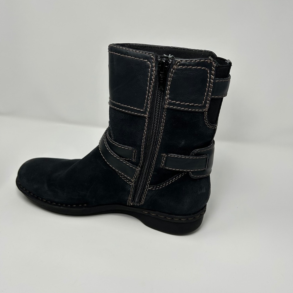 Clarks Artisan Black Suede Leather Moto Boots Buckle MidCalf Side Zip Womens 7.5 - Picture 5 of 14